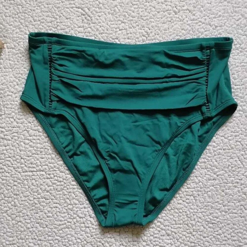 Bleu Rod Beattie HIGH WAISTED SHIRRED BIKINI BOTTOM IN DEEP WATER, SIZE 10